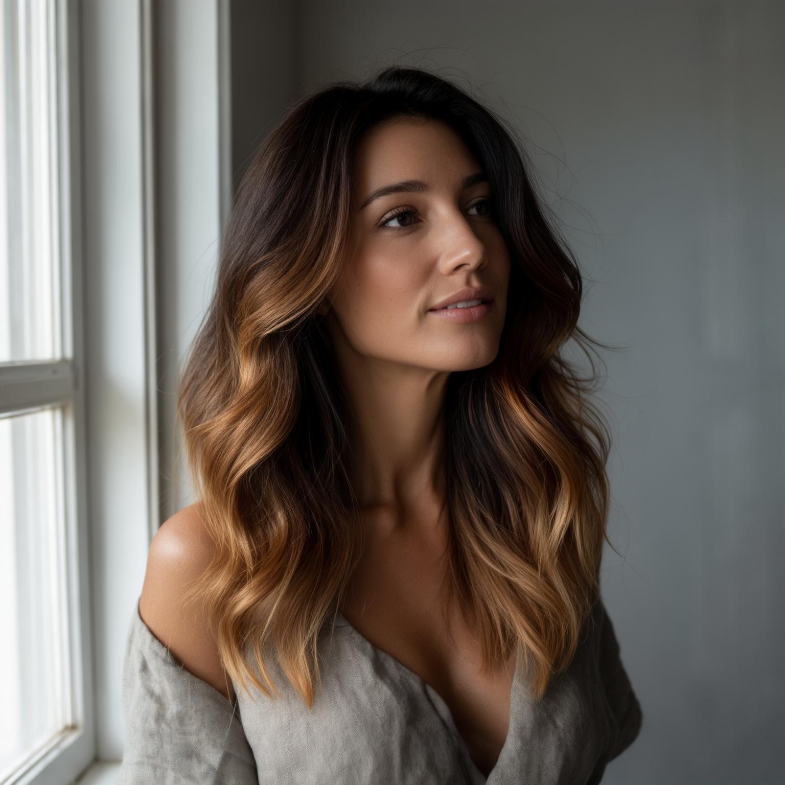 Prachtige caramel balayage op donkerbruin haar