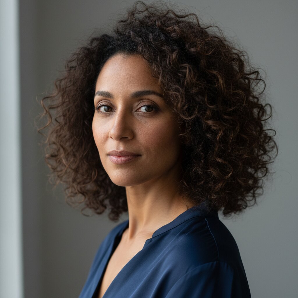 Vrouw met natuurlijk mooi haar en een minimalistische badkamer