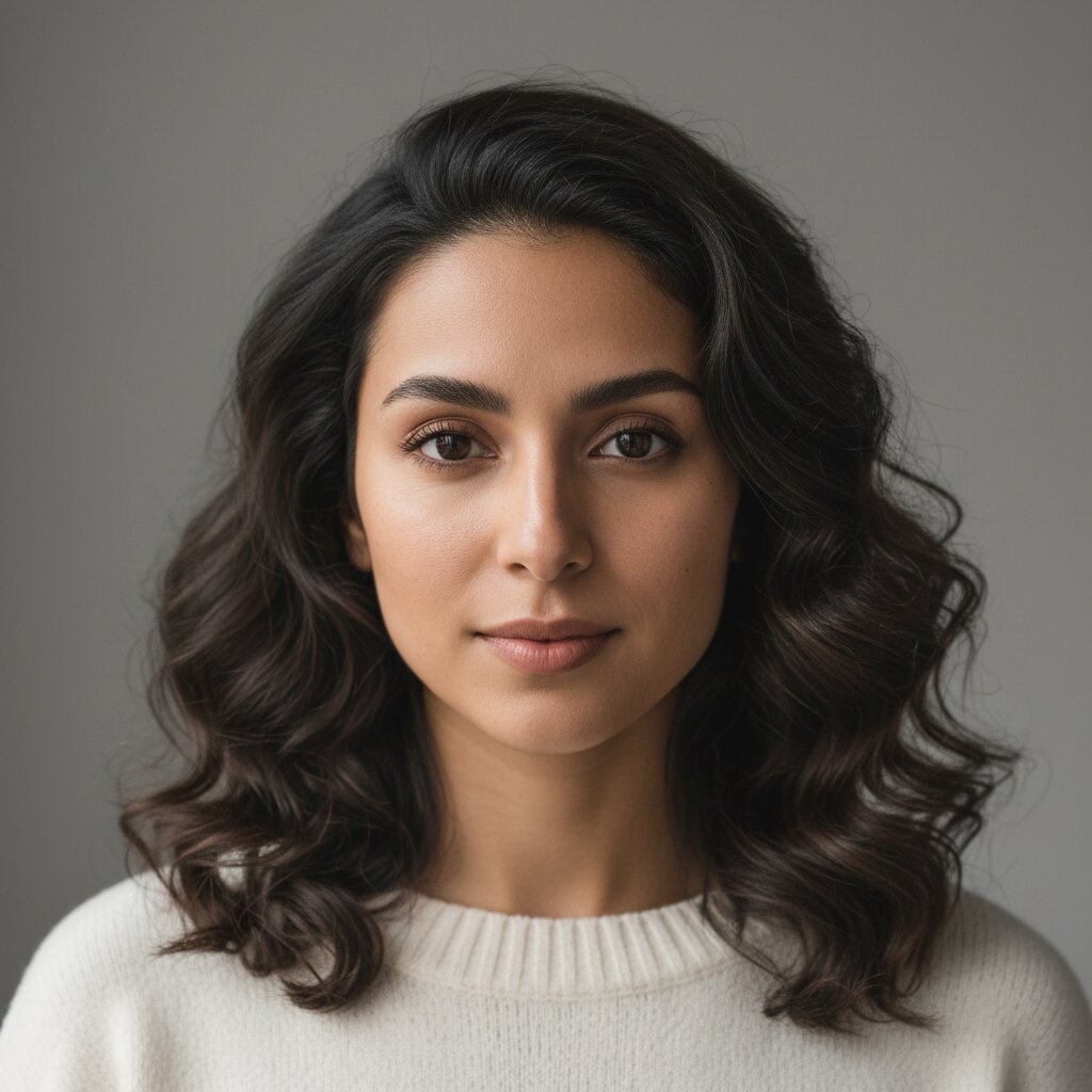 Vrouw die tevreden naar haar nieuwe kapsel kijkt in de spiegel