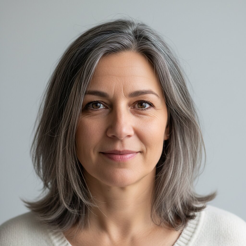 Vrouw met ash brown balayage, natuurlijke kleurovergang van donker naar licht asbruin