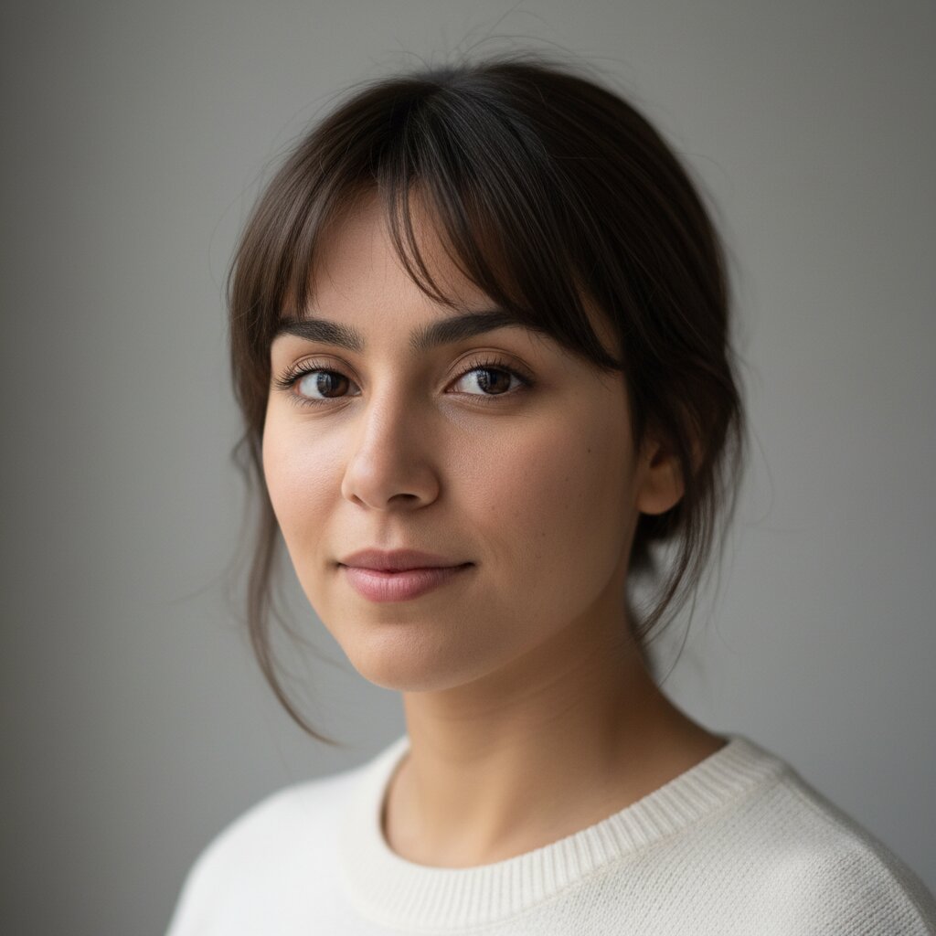 Vrouw met zachte curtain bangs die aan de zijkanten openvallen