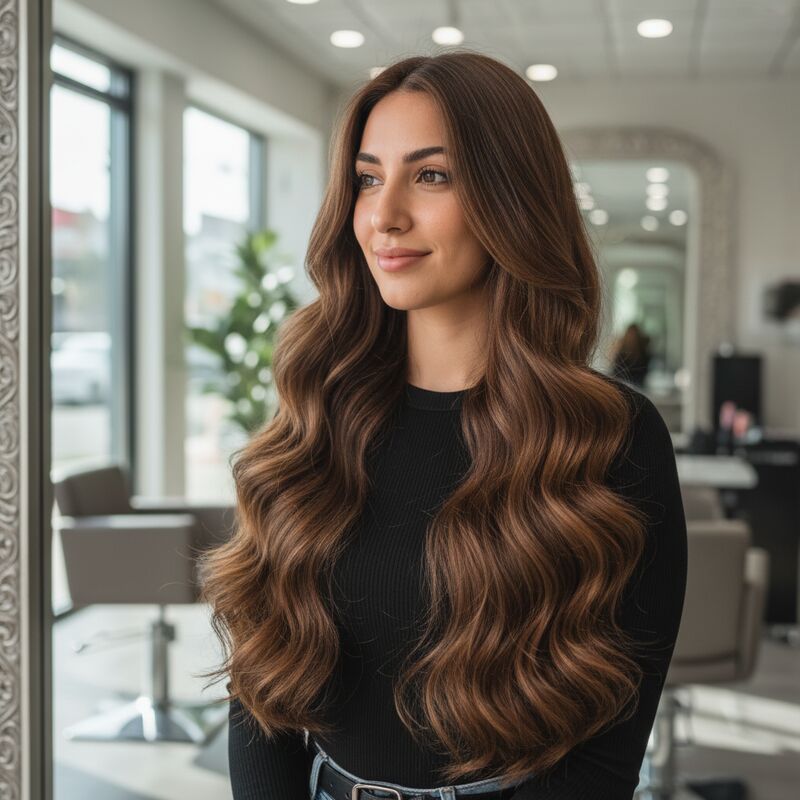 Vrouw met lange, glanzende extensions bekijkt haar haar in de spiegel