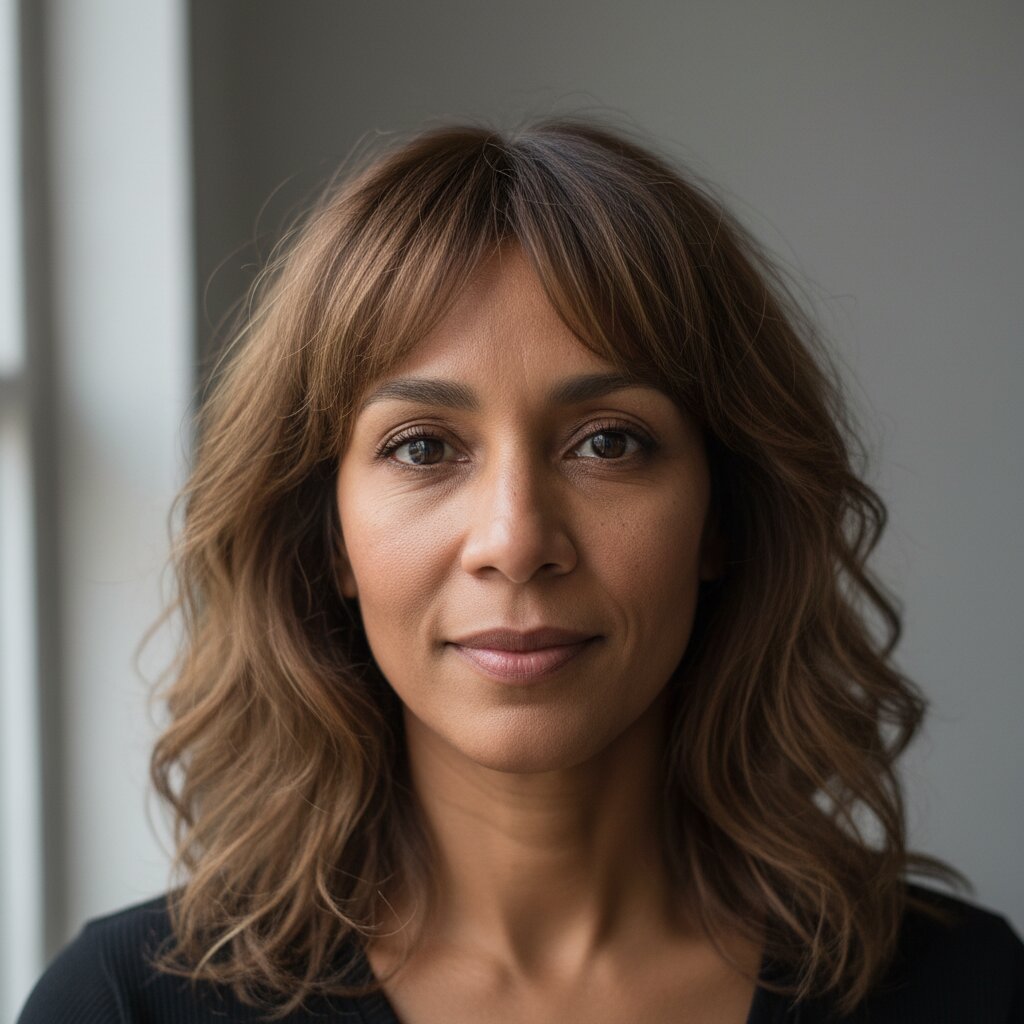 Vrouw die haar curtain bangs stylet met een ronde borstel en föhn