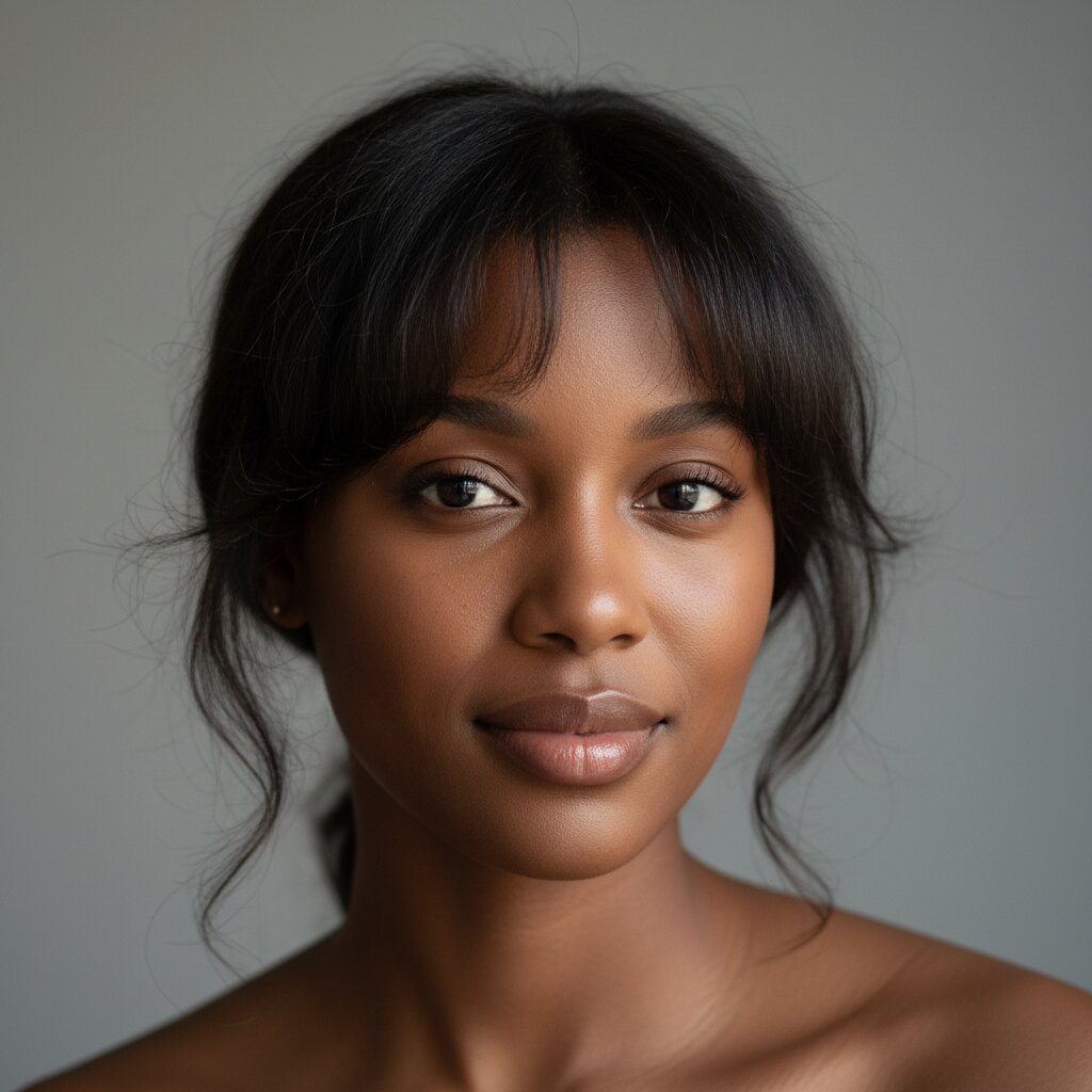 Vrouw met half uitgegroeid curtain bangs die nog steeds verzorgd ogen