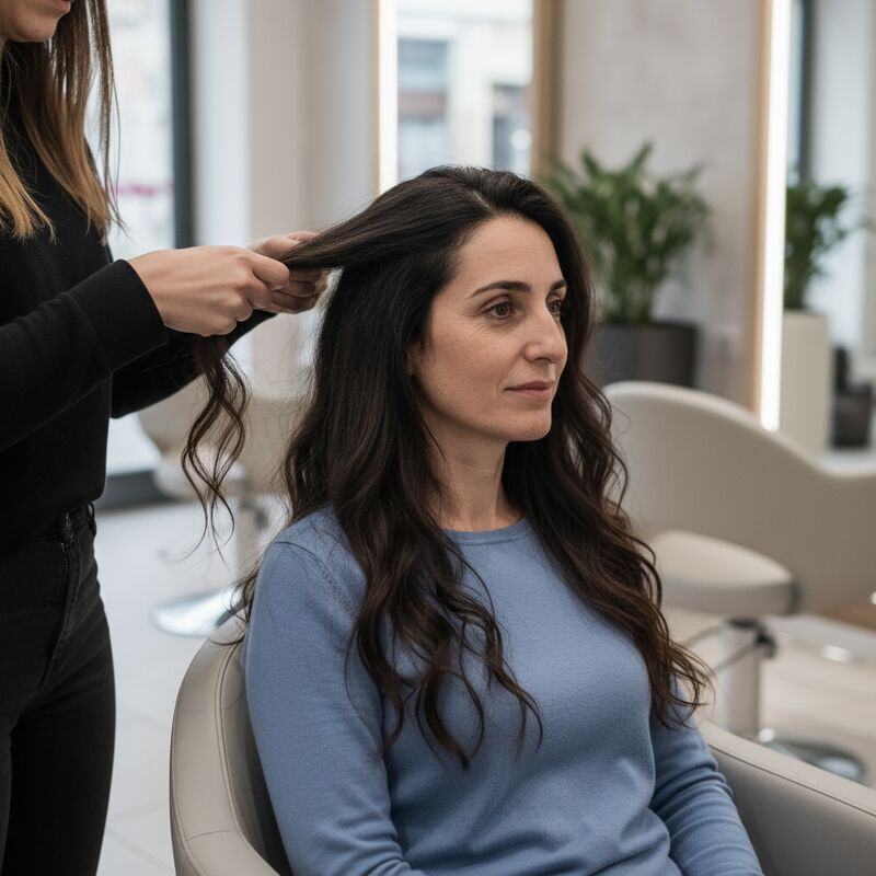 Vrouw zit ontspannen in de behandelstoel terwijl de styliste extensions aanbrengt