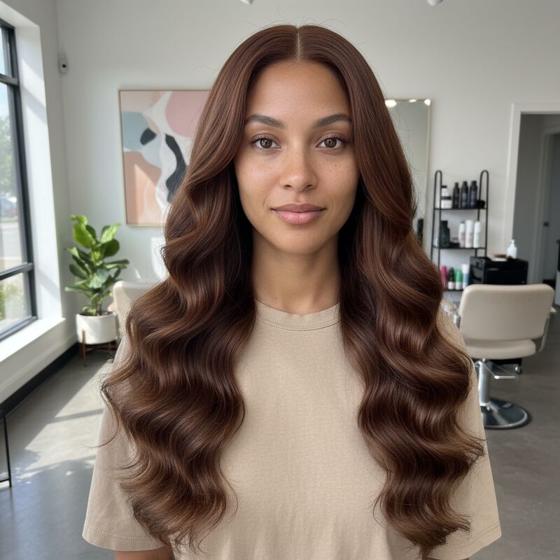 Vrouw met prachtige Great Lengths extensions, lang golvend haar, blije uitdrukking