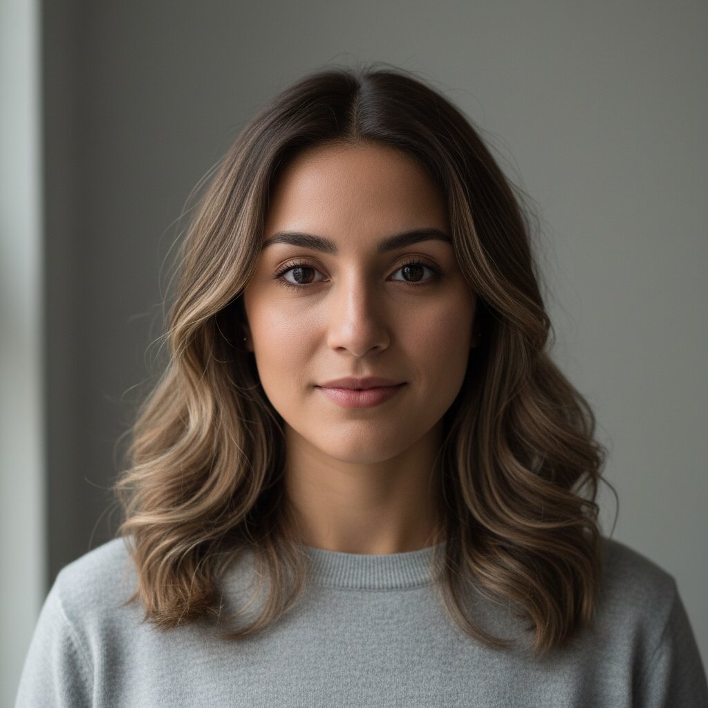Vrouw met subtiele babylights in donkerblond haar voor een natuurlijk stralende look
