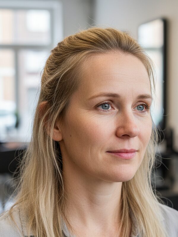 vrouw met dun wordend haar bij haarvisie salon consultatie